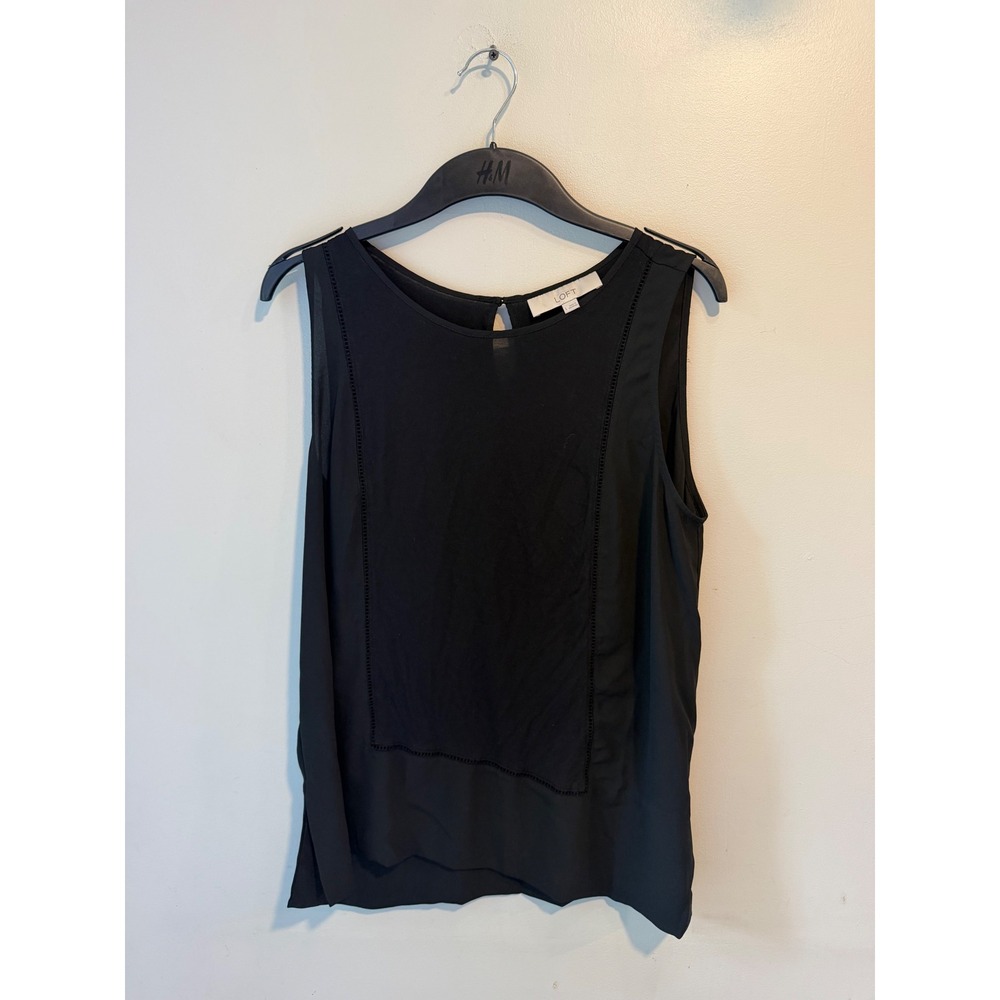 LOFT Black Mixed Media Sleeveless Shell Top Blouse Ladder Lace Trim Large